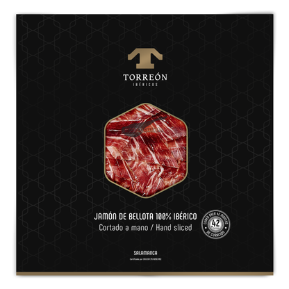 Pjaustytas peiliu kumpis Torreón Jamón de Bellota 100% Ibérico 42 mėn. 100 g. Premium pakelyje