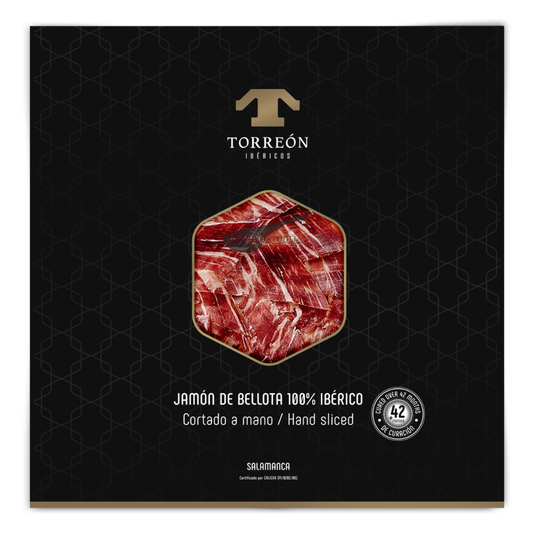 Pjaustytas peiliu kumpis Torreón Jamón de Bellota 100% Ibérico 42 mėn. 100 g. Premium pakelyje