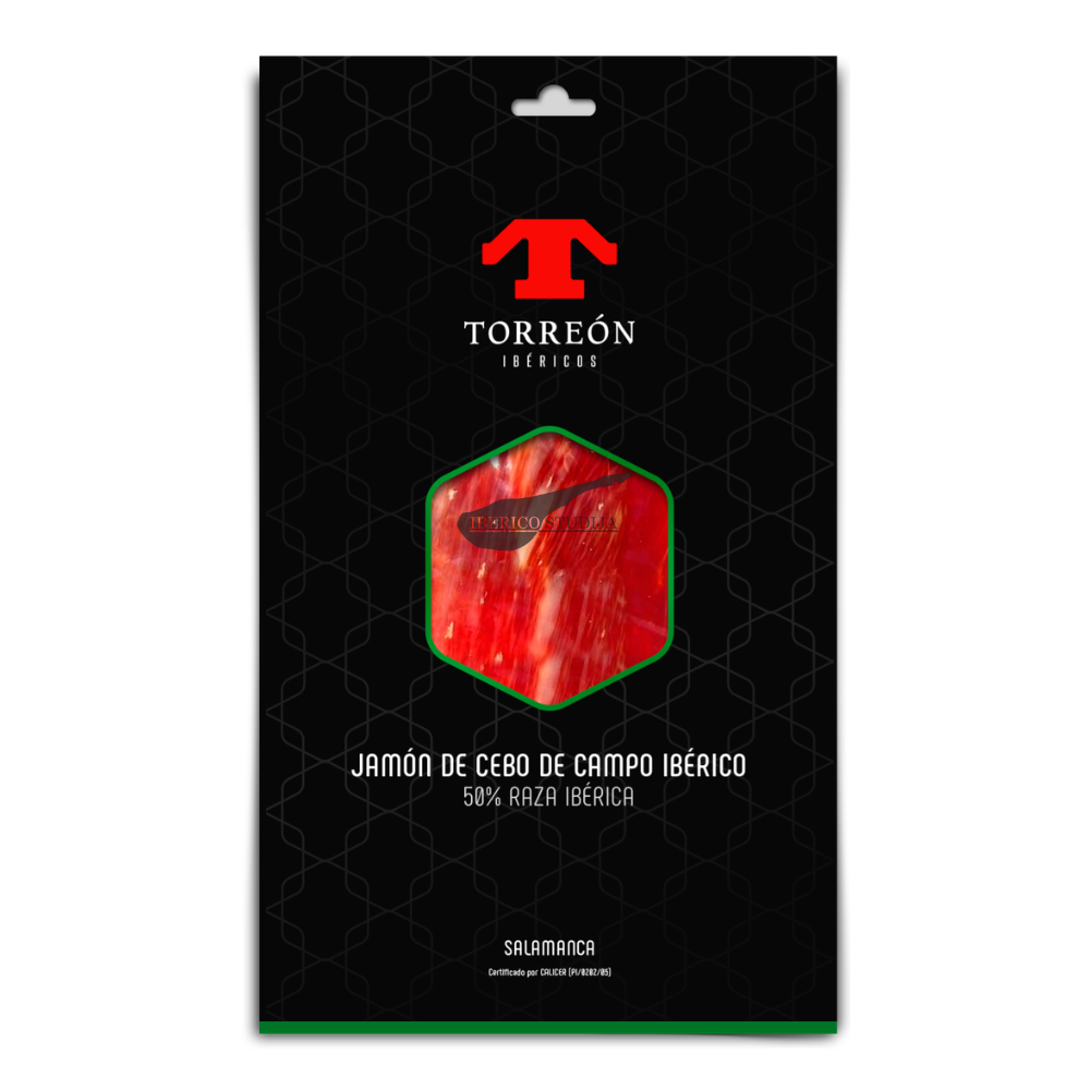 Pjaustytas kumpis Torreón Jamón de Cebo de Campo 50% Ibérico 28 mėn. 80 g. Premium pakelyje